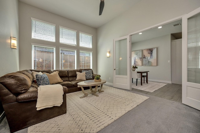 1008 Myers Park Trl, Roanoke, TX 76262 - living room with a high ceiling, a ceiling fan, recessed lighting, and baseboards