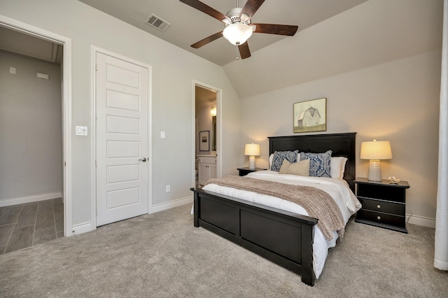 1008 Myers Park Trl, Roanoke, TX 76262 - bedroom with baseboards, carpet floors, lofted ceiling, ensuite bath, and a ceiling fan