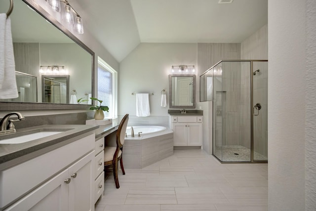 1008 Myers Park Trl, Roanoke, TX 76262 - full bathroom with a stall shower, two vanities, a bath, and vaulted ceiling