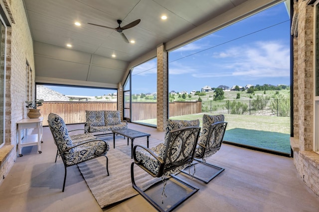 1008 Myers Park Trl, Roanoke, TX 76262 - fenced backyard with an outdoor living space, a patio area, and ceiling fan