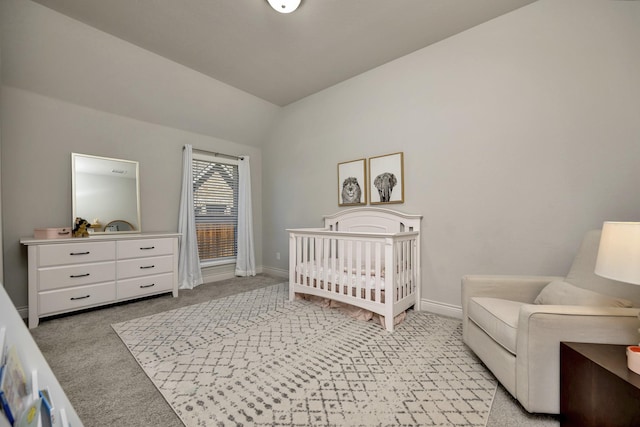 1008 Myers Park Trl, Roanoke, TX 76262 - bedroom featuring light carpet, lofted ceiling, baseboards, and a crib