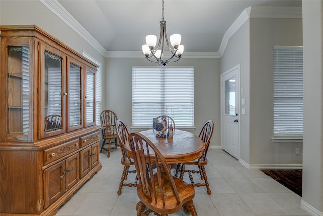 7816 Wheatland Ct, Godley, TX 76044 - dining area featuring a chandelier, light tile patterned floors, ornamental molding, and baseboards