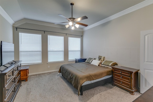 7816 Wheatland Ct, Godley, TX 76044 - bedroom with light carpet, ornamental molding, baseboards, a ceiling fan, and vaulted ceiling