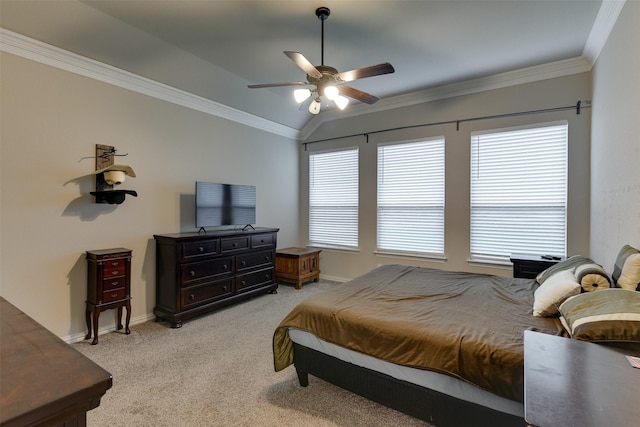 7816 Wheatland Ct, Godley, TX 76044 - bedroom featuring light carpet, ornamental molding, vaulted ceiling, baseboards, and a ceiling fan
