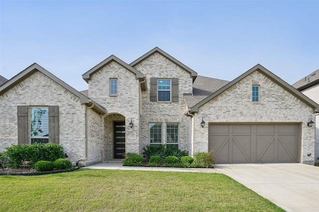 616 Evergreen Rd, Little Elm, TX 76227 - french country home featuring driveway, a front lawn, brick siding, and a garage