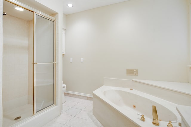 9131 Valley Chapel Ln, Dallas, TX 75220 - full bathroom featuring a shower stall, tile patterned flooring, a jetted tub, toilet, and recessed lighting