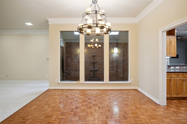 9131 Valley Chapel Ln, Dallas, TX 75220 - unfurnished dining area featuring a chandelier, baseboards, and ornamental molding