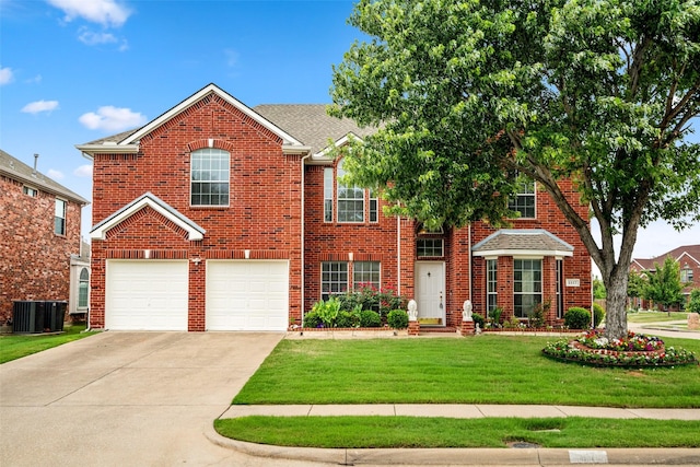 1117 Ruby St, Plano, TX 75094 - traditional-style house with an attached garage, driveway, central air condition unit, a front lawn, and brick siding