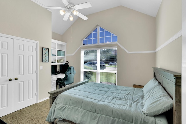 1107 Shoreview Dr, Ennis, TX 75119 - carpeted bedroom with a closet, high vaulted ceiling, a ceiling fan, and a desk