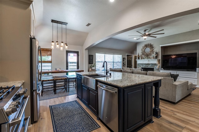 1719 Wheatberry Ln, Allen, TX 75002 - kitchen with appliances with stainless steel finishes, a sink, a ceiling fan, vaulted ceiling, and light stone countertops
