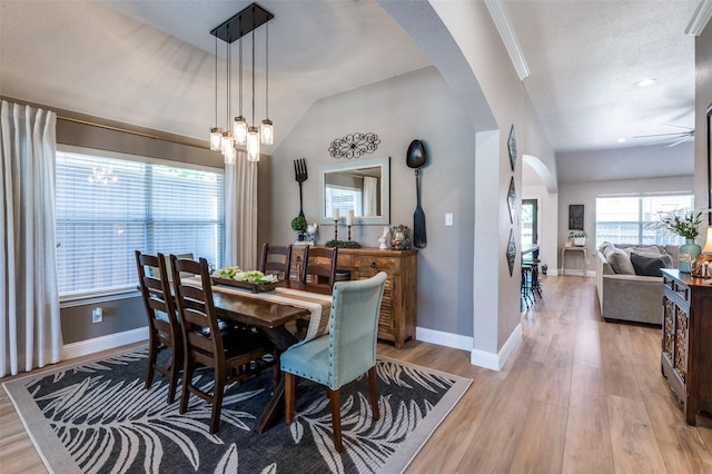 1719 Wheatberry Ln, Allen, TX 75002 - dining room with arched walkways, baseboards, light wood-type flooring, vaulted ceiling, and a ceiling fan