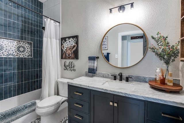 1719 Wheatberry Ln, Allen, TX 75002 - bathroom with toilet, vanity, shower / bath combo with shower curtain, and a textured wall