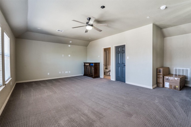 1719 Wheatberry Ln, Allen, TX 75002 - unfurnished living room with vaulted ceiling, ceiling fan, carpet floors, and baseboards