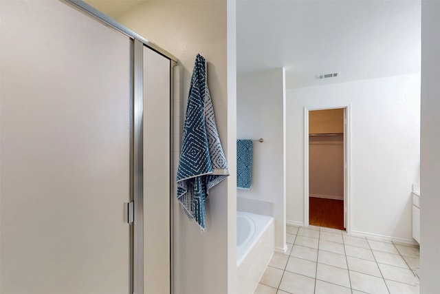 637 Stirrup Bar Dr, Fort Worth, TX 76179 - bathroom with a shower stall, a walk in closet, a garden tub, tile patterned floors, and baseboards