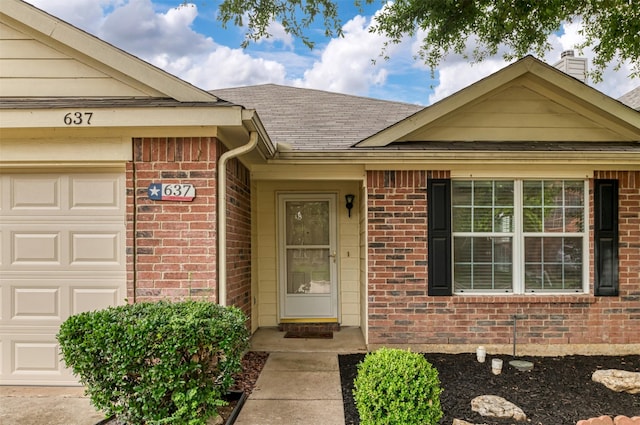 637 Stirrup Bar Dr, Fort Worth, TX 76179 - view of exterior entry with brick siding, a chimney, an attached garage, and roof with shingles