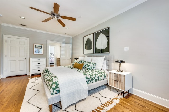 5447 Mccommas Blvd, Dallas, TX 75206 - bedroom with wood finished floors, crown molding, baseboards, ceiling fan, and recessed lighting