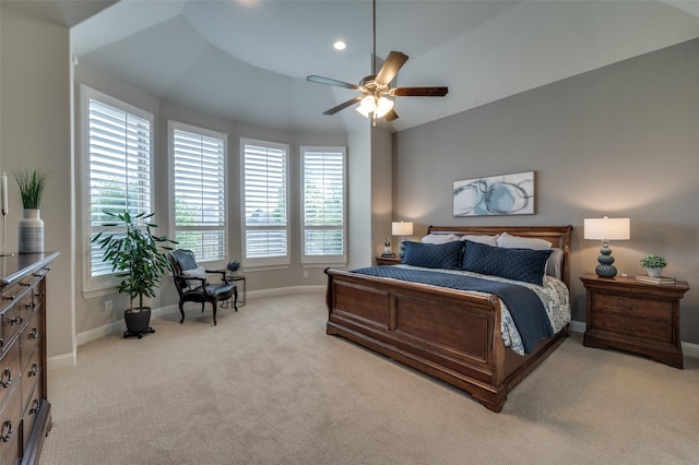 2749 Casa Grande Way, Celina, TX 75009 - bedroom with baseboards, light carpet, lofted ceiling, and a ceiling fan