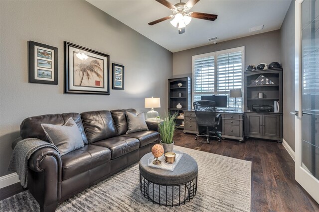 2749 Casa Grande Way, Celina, TX 75009 - living area featuring dark wood finished floors, ceiling fan, an office area, baseboards, and lofted ceiling