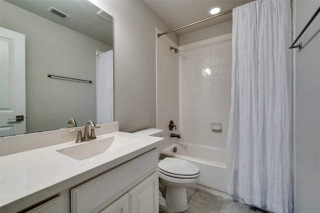 2749 Casa Grande Way, Celina, TX 75009 - bathroom featuring toilet, vanity, shower / bath combo with shower curtain, and tile patterned floors