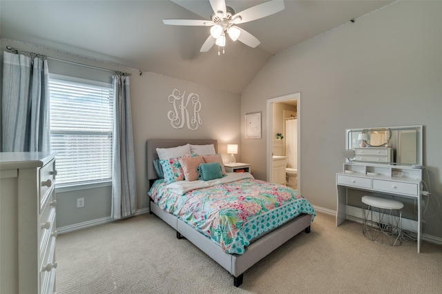 2749 Casa Grande Way, Celina, TX 75009 - carpeted bedroom featuring vaulted ceiling, baseboards, a ceiling fan, and ensuite bathroom