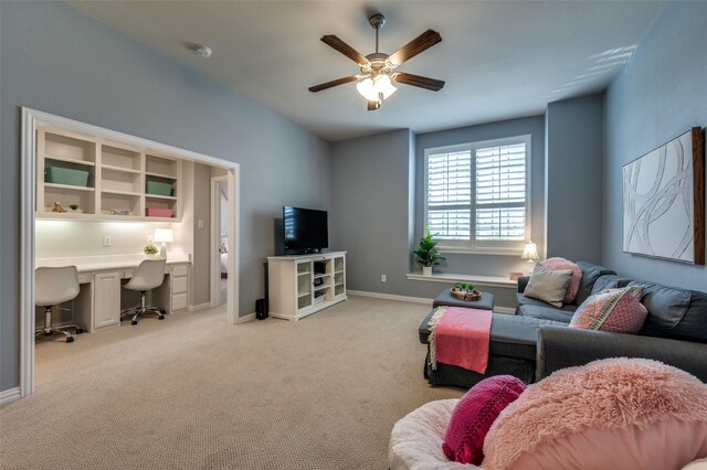 2749 Casa Grande Way, Celina, TX 75009 - living area featuring a ceiling fan, light colored carpet, and baseboards