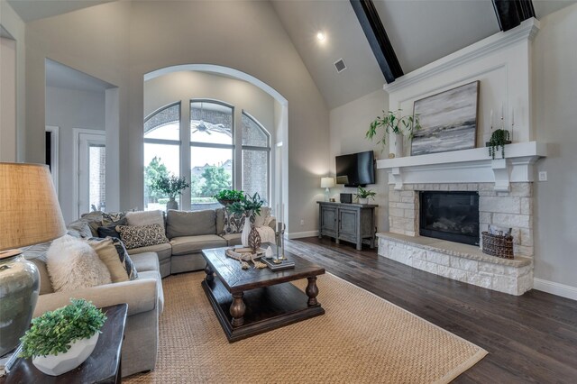 2749 Casa Grande Way, Celina, TX 75009 - living area featuring high vaulted ceiling, wood finished floors, a stone fireplace, baseboards, and arched walkways