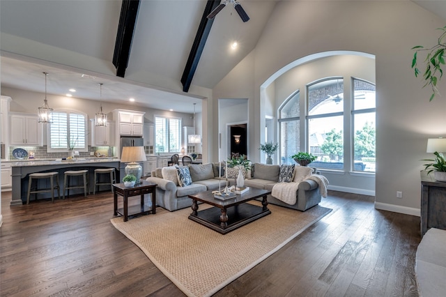 2749 Casa Grande Way, Celina, TX 75009 - living room featuring high vaulted ceiling, ceiling fan, dark wood finished floors, recessed lighting, and baseboards