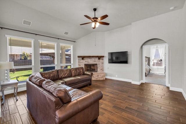 914 Park Vista Dr, Justin, TX 76247 - living area featuring ceiling fan, plenty of natural light, wood finished floors, lofted ceiling, and a fireplace