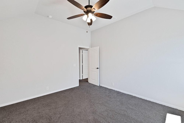 914 Park Vista Dr, Justin, TX 76247 - empty room featuring vaulted ceiling, ceiling fan, dark carpet, and baseboards