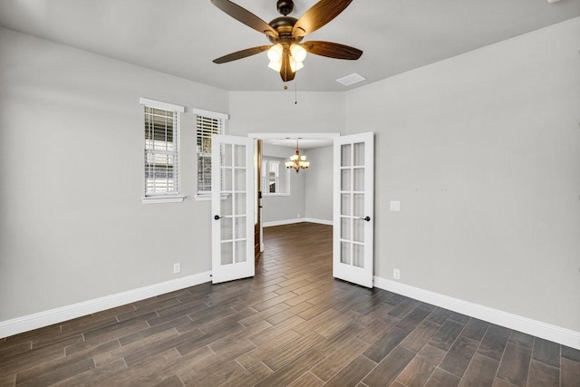 914 Park Vista Dr, Justin, TX 76247 - unfurnished room featuring french doors, dark wood-style flooring, baseboards, and ceiling fan