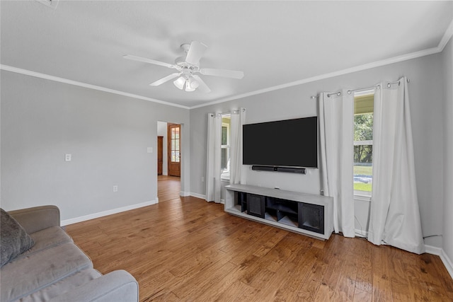 173 Cedar Ridge Dr, China Spring, TX 76633 - living room featuring plenty of natural light, a ceiling fan, wood finished floors, and ornamental molding