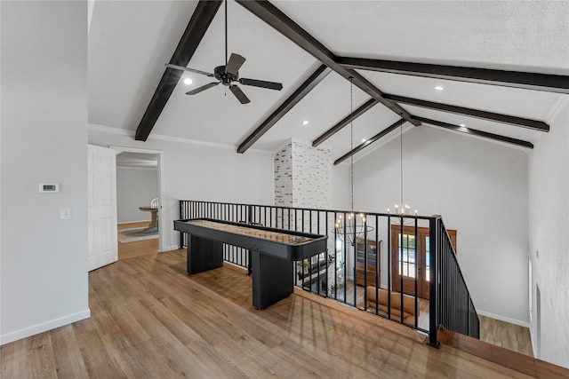 173 Cedar Ridge Dr, China Spring, TX 76633 - corridor featuring an upstairs landing, a chandelier, beamed ceiling, wood finished floors, and high vaulted ceiling