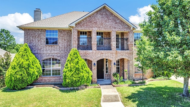 4518 Park Meadow Ct, Garland, TX 75043 - view of front of property featuring a balcony, a front lawn, and brick siding