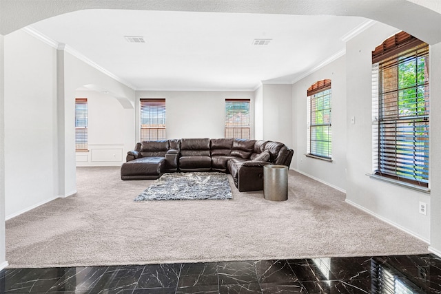 4518 Park Meadow Ct, Garland, TX 75043 - living area featuring arched walkways, marble look tiles, ornamental molding, baseboards, and carpet floors