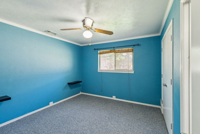 3109 Bullock Dr, Plano, TX 75023 - empty room with ceiling fan, crown molding, carpet floors, a textured ceiling, and baseboards