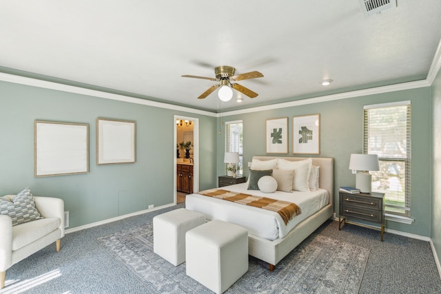 3109 Bullock Dr, Plano, TX 75023 - carpeted bedroom with multiple windows, ornamental molding, baseboards, and a ceiling fan