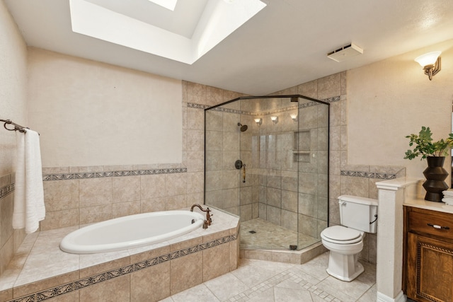3109 Bullock Dr, Plano, TX 75023 - full bath with a stall shower, toilet, a bath, tile patterned floors, and tile walls