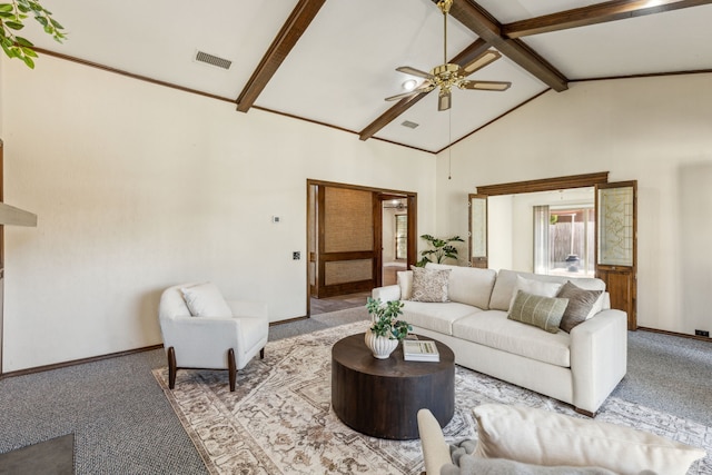 3109 Bullock Dr, Plano, TX 75023 - living area featuring beam ceiling, a ceiling fan, carpet flooring, baseboards, and high vaulted ceiling