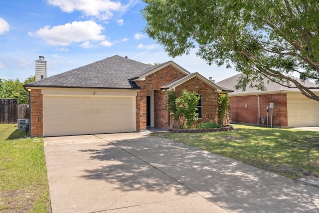 1132 Singletree Dr, Forney, TX 75126 - view of front of home featuring brick siding, a garage, concrete driveway, a shingled roof, and a chimney