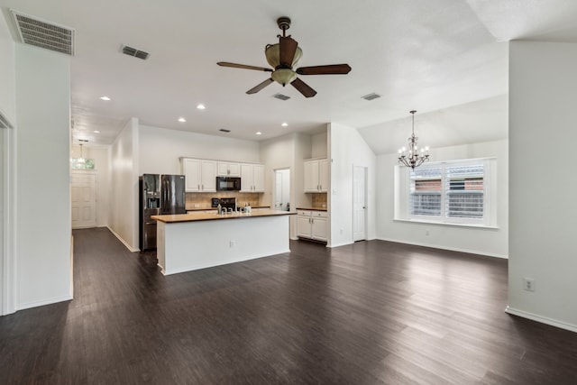 4033 Heavenly Way, Heartland, TX 75126 - kitchen with black appliances, a ceiling fan, a chandelier, dark wood finished floors, and recessed lighting