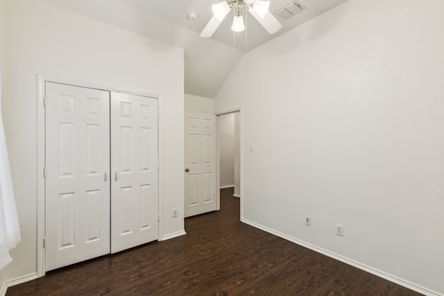 4033 Heavenly Way, Heartland, TX 75126 - unfurnished bedroom with dark wood-style flooring, baseboards, vaulted ceiling, a closet, and ceiling fan
