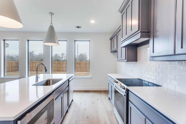 2316 Glasgow Way, Denton, TX 76207 - kitchen with stainless steel appliances, a sink, baseboards, tasteful backsplash, and light wood finished floors