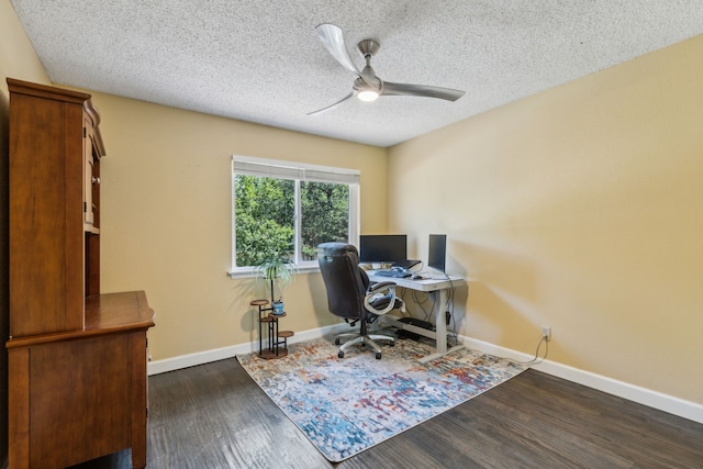 2902 Shady Lake Cir, Carrollton, TX 75006 - home office featuring ceiling fan, dark wood-style flooring, and a textured ceiling