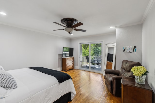 2902 Shady Lake Cir, Carrollton, TX 75006 - bedroom featuring access to exterior, ornamental molding, light wood-style floors, ceiling fan, and recessed lighting