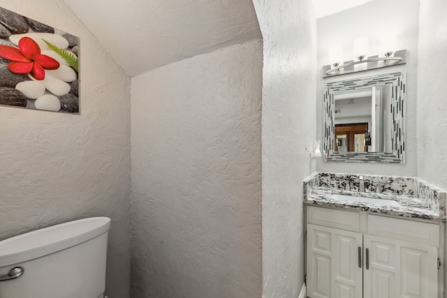 2902 Shady Lake Cir, Carrollton, TX 75006 - bathroom featuring a textured wall, toilet, vanity, and vaulted ceiling