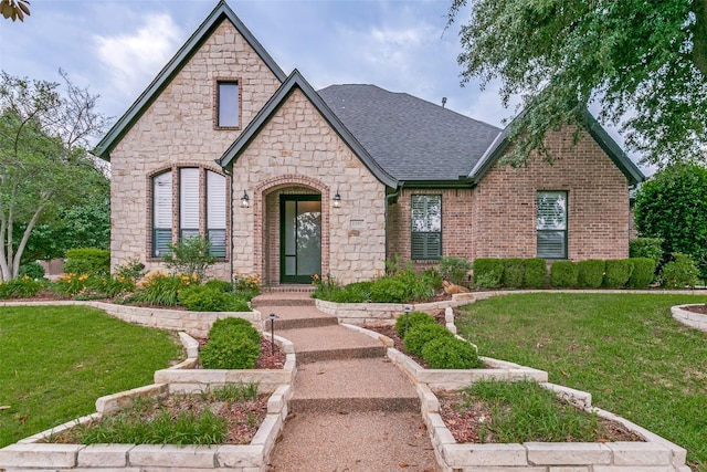 1121 Riverwalk Ct, Colleyville, TX 76034 - view of front of property featuring stone siding, a front lawn, roof with shingles, and brick siding