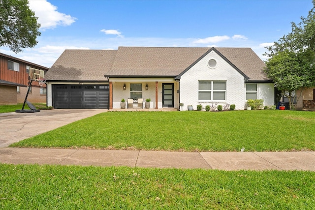 12212 Ridgefair Pl, Farmers Branch, TX 75234 - view of front facade featuring a garage, a shingled roof, driveway, a front lawn, and a porch