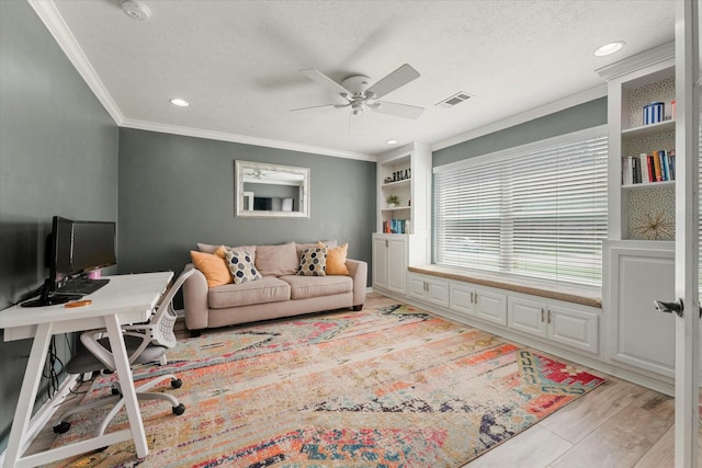 12212 Ridgefair Pl, Farmers Branch, TX 75234 - office space featuring ceiling fan, ornamental molding, a textured ceiling, light wood finished floors, and recessed lighting