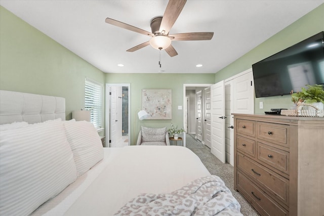 12212 Ridgefair Pl, Farmers Branch, TX 75234 - bedroom with light carpet, ceiling fan, and recessed lighting