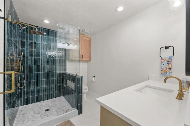 12212 Ridgefair Pl, Farmers Branch, TX 75234 - bathroom with a stall shower, toilet, vanity, recessed lighting, and tile patterned floors